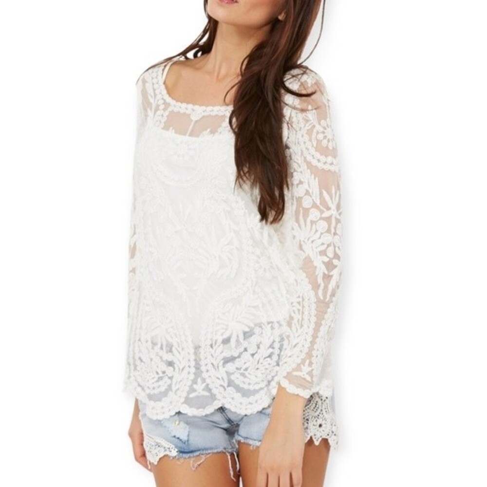 You Are Not Alone Ivory Lace Crochet Mesh Long Sleeve Top